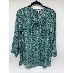 Dana Buchman Woman’s Snake Skin Print Bell Sleeve Teal Blouse Size S